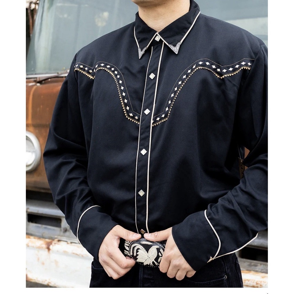 Scully Diamond Yoke Embroidered Long Sleeve Shirt Black Large Pearl Snap